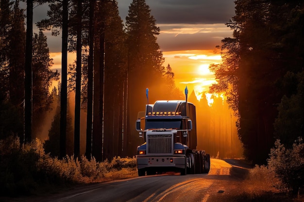 Foto lkw auf forststraße mit blick auf den sonnenuntergang im hintergrund