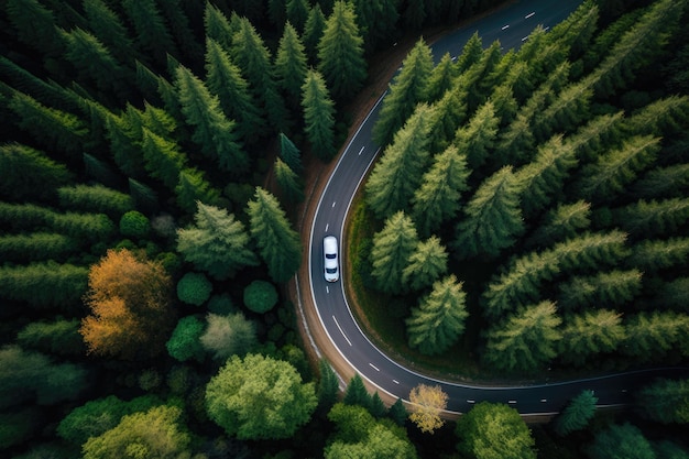 LKW-Fahren auf der Autobahn zwischen grünem Wald Draufsicht Ai generativ