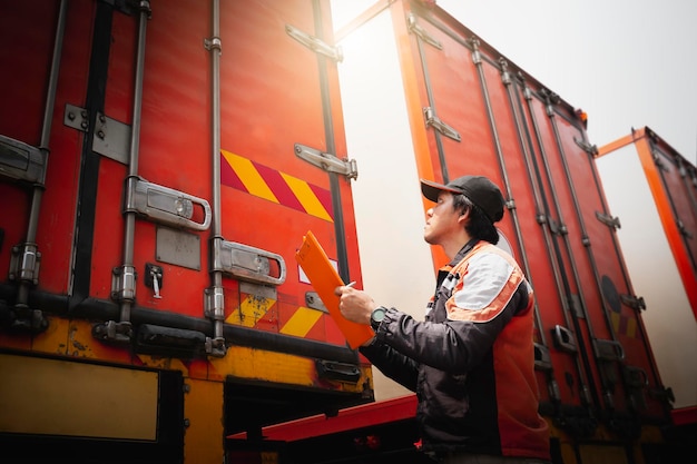 Lkw-Fahrer halten ein Klemmbrett in der Hand und prüfen die Containertürsicherheit der Frachtschifffahrtslogistik