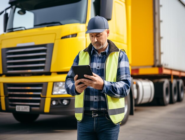 Lkw-Fahrer mit Handy in der Hand