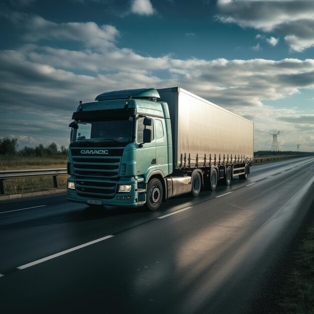 LKW mit Container auf Autobahn Güterbeförderung generative ai
