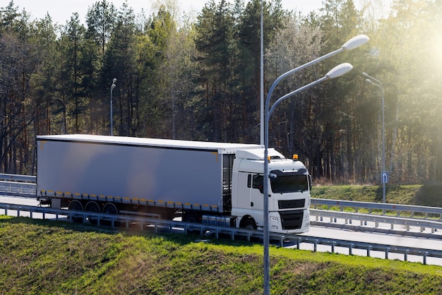 LKW mit Container auf dem Autobahnfrachttransportkonzept mit Rasureffekt