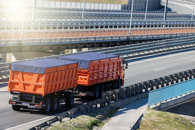 LKW mit Container auf dem Autobahnfrachttransportkonzept mit Rasureffekt