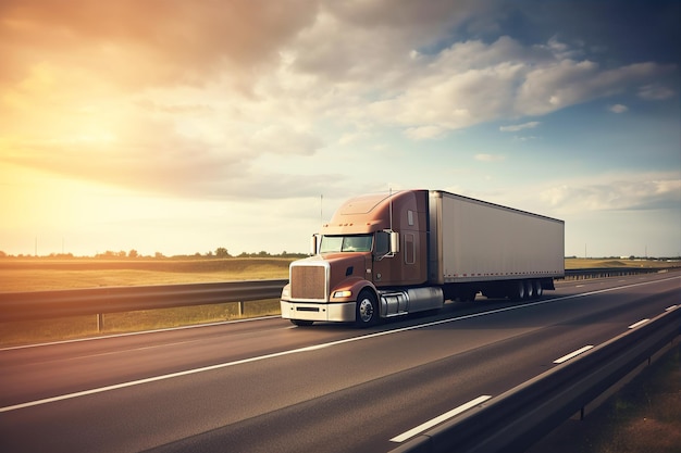 LKW mit Container auf der Autobahn, Gütertransport, generative KI