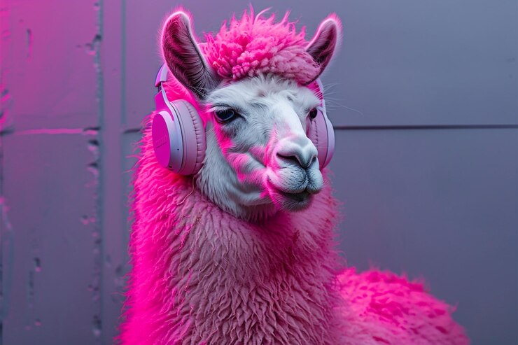 Foto llama con auriculares brillantes por encima de las orejas con un fondo violeta de neón audaz retrato de animal alegre y divertido