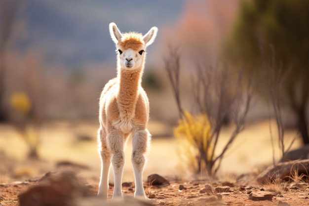 una llama bebé de pie en un campo