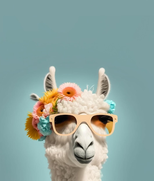 Una llama blanca con diadema de flores y gafas de sol Generative Ai