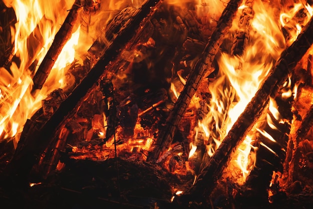 Llama brillante de la hoguera al aire libre Leña y palos de madera ardiendo en el fuego