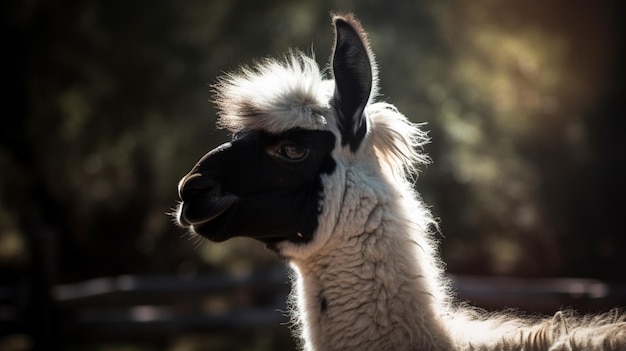 Una llama con la cara negra se muestra en un corral.