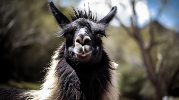 Una llama de cara negra y pelaje blanco.