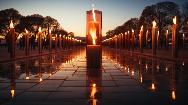 Foto la llama conmemorativa arde brillantemente contra un papel tapiz oscuro