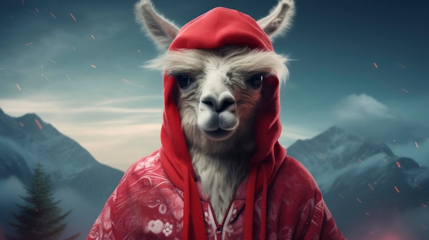 Llama divertida en pijama rojo y gafas.