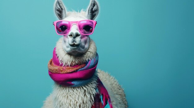 Una llama elegante lleva gafas de sol rosas y una bufanda de colores