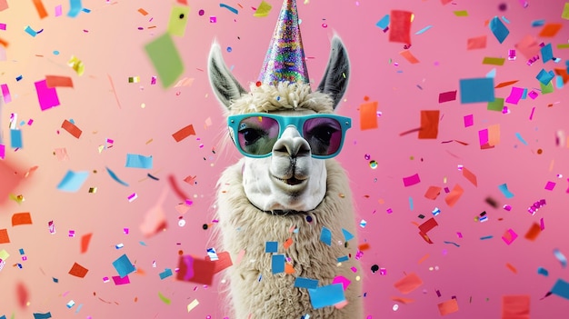 Una llama festiva con gafas de sol y un sombrero de fiesta está cubierta de confeti de colores