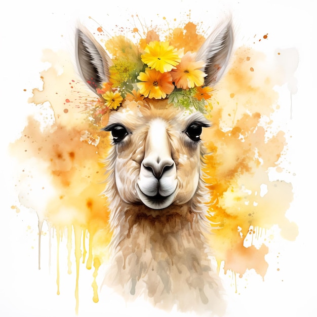 una llama con una flor en la cabeza