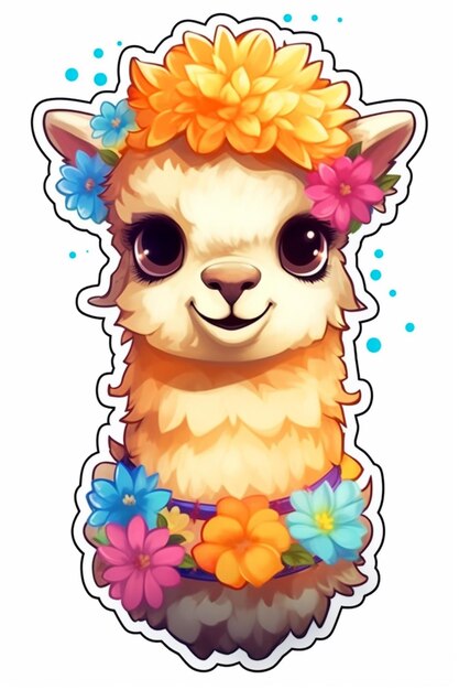 Foto una llama con flores en su cabello y una corona de flores generativa ai