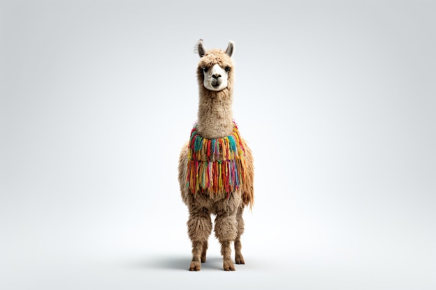 Una llama se para frente a un fondo blanco.