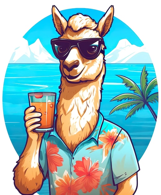 Foto una llama fresca con gafas de sol y una hawaiana