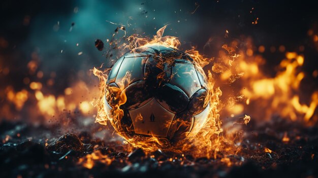 Llama de fuego de la pelota de fútbol en el fondo del estadio mediagenerativa mixta ai