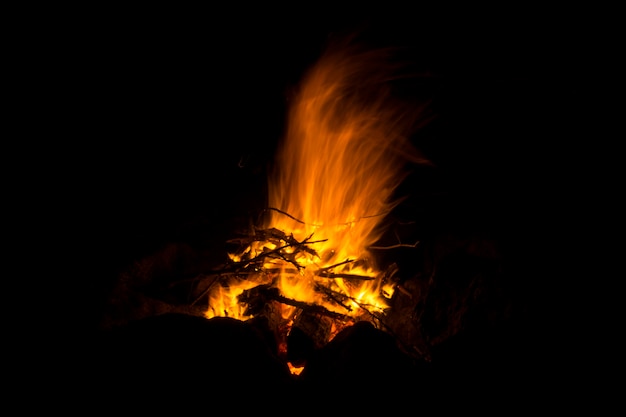 Llama de un fuego, en el que arde la maleza natural, sobre un fondo negro