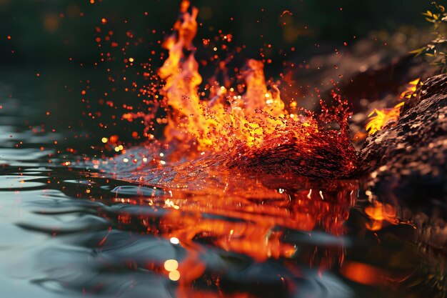 Llama de fuego en la superficie del agua Closeup