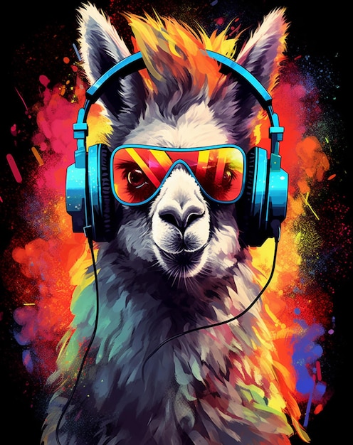 Una llama con gafas y auriculares puestos.