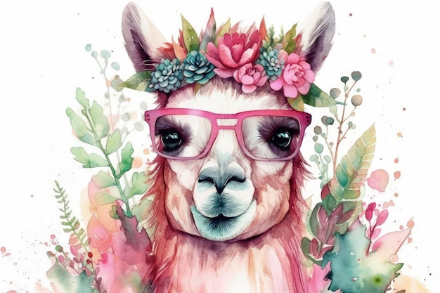 Foto llama con gafas y una corona de flores creada con tecnología de ia generativa