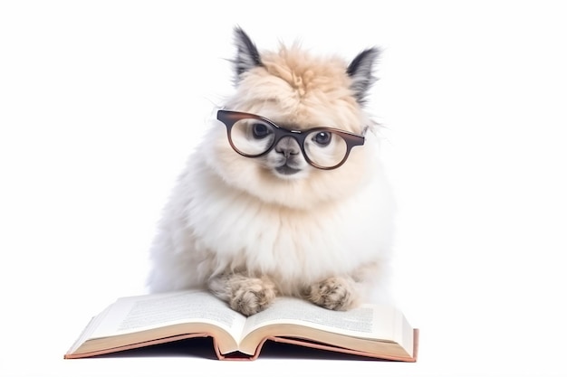 una llama con gafas y leyendo un libro