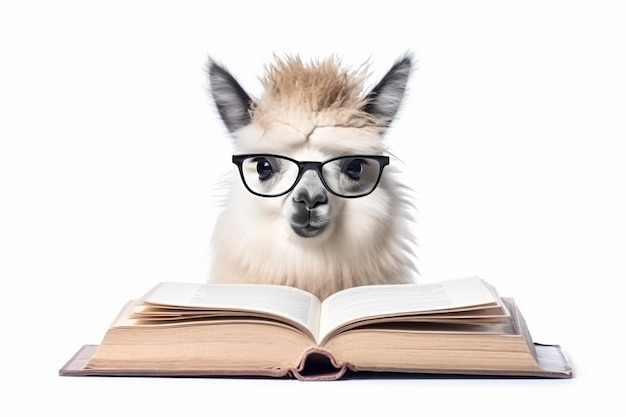 una llama con gafas y leyendo un libro