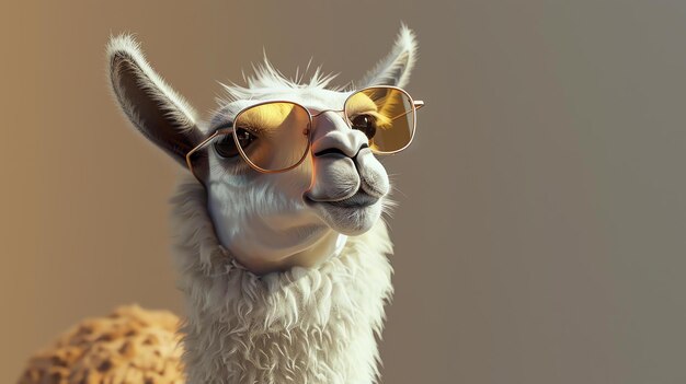 Una llama con gafas de sol está mirando a la cámara con una expresión graciosa La llama está de pie en un campo de hierba verde y flores