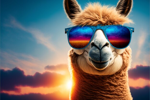 Una llama con gafas de sol y gafas de sol de colores.