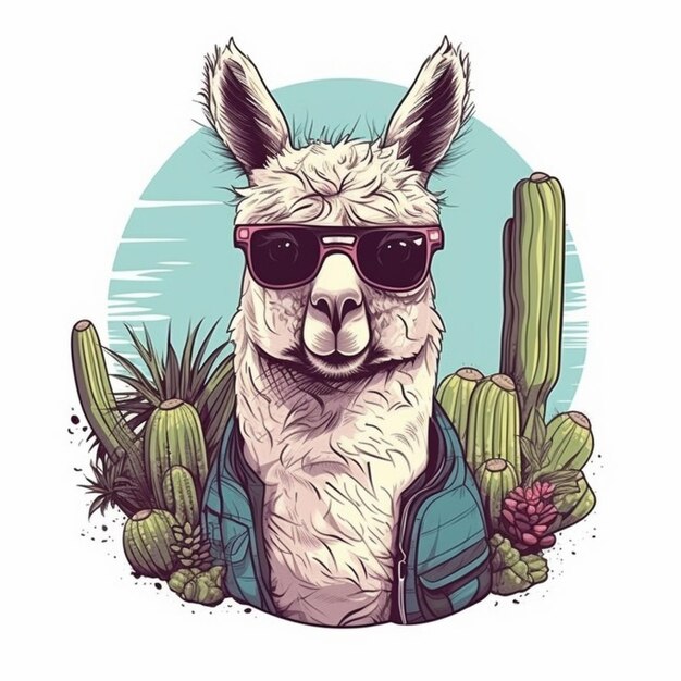 una llama con gafas de sol y una mochila con plantas de cactus generativa ai