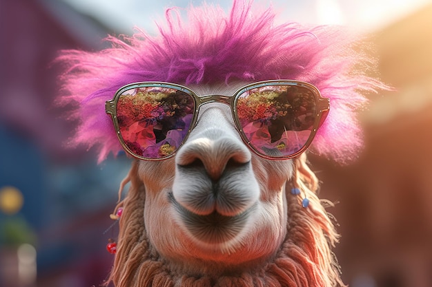 Una llama con gafas de sol y una peluca morada.