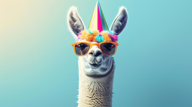 Una llama con gafas de sol y un sombrero de cumpleaños