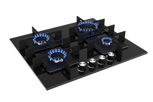 Llama de gas metano con estufa de gas de cocina moderna negra Representación 3d