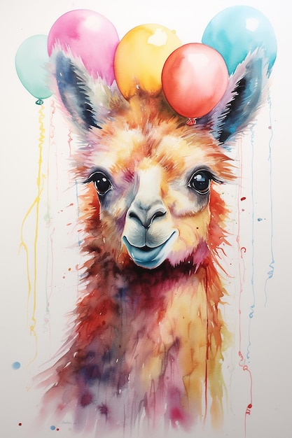 una llama con globos en la cabeza