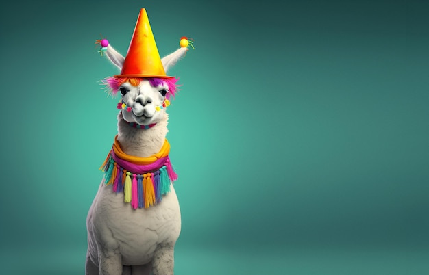 Foto una llama con gorro de fiesta y gorro de fiesta.