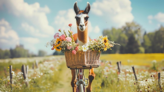 Foto llama graciosa en el campo montando una bicicleta con una canasta llena de flores