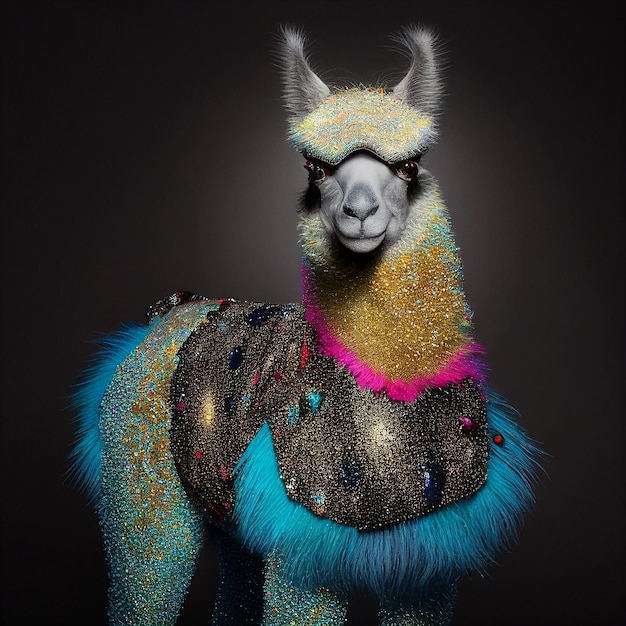 Una llama con lentejuelas viste un traje azul y dorado.