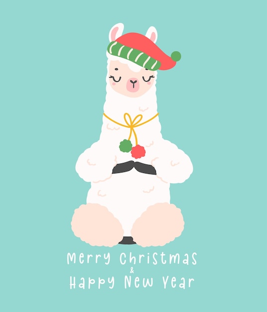 Llama de Navidad linda haciendo meditación tarjeta de felicitación en tema de invierno kawaii feliz año nuevo dibujos animados