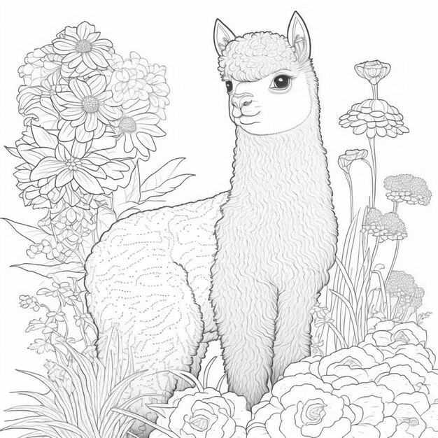 una llama parada en medio de flores y plantas ai generativa