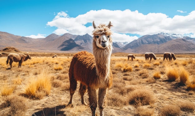 Foto una llama de primer plano se alza en un vasto campo boliviano rodeada de exuberante vegetación bajo un cielo azul claro creado con herramientas de ia generativas