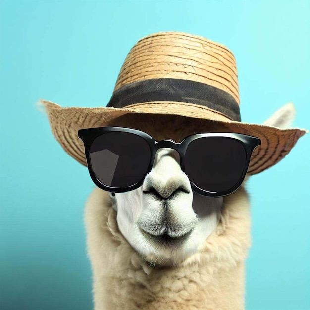 Una llama con sombrero de paja y gafas de sol.