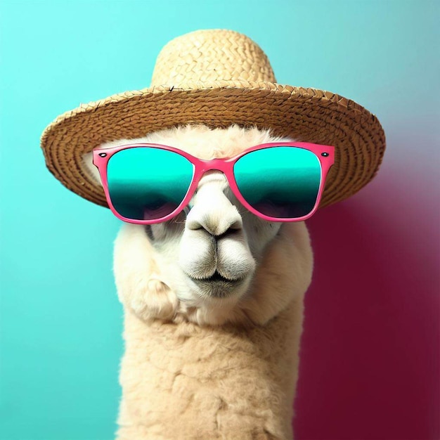 Una llama con sombrero de paja y gafas de sol.