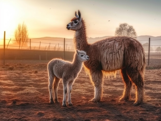 Una llama y su madre se paran en un campo al atardecer.