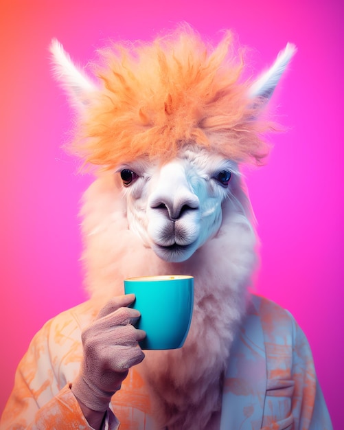 Foto una llama con una taza azul