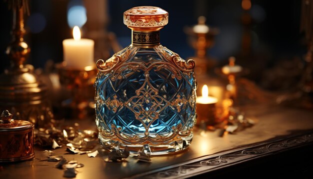 La llama de una vela ilumina una vieja botella de vidrio creando una elegante decoración generada por inteligencia artificial
