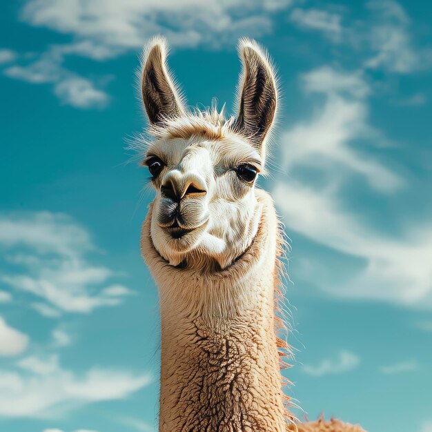 Foto llama vicugna pacos em fundo de céu azul