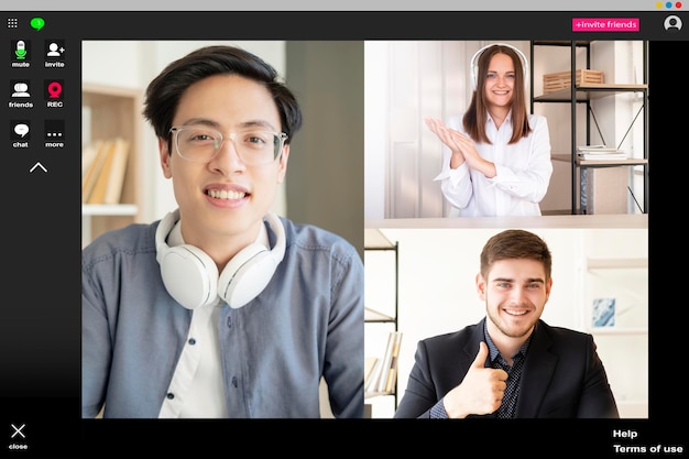 Llamada en línea conferencia digital negocios teletrabajo trabajo en equipo remoto ejecutivos satisfechos aprobando