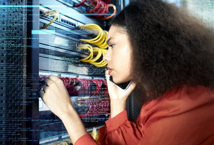 Foto llamada telefónica de técnico de ti y mujer negra pensando y confundida en el centro de datos de la sala de servidores para mantenimiento de cable o sistema información de doble exposición y comprobación femenina de ciberseguridad para internet